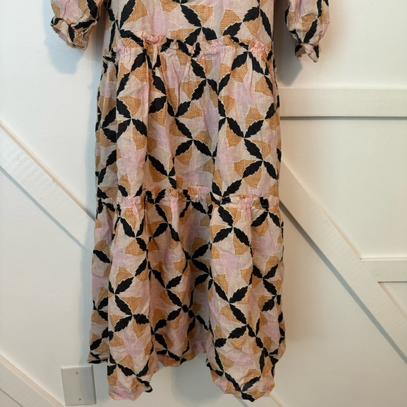 The Odells Lyla Geometric Floral Print Puff Sleeve Square Neck Linen Midi Dress - Picture 6 of 11